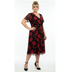 CHANGES By TOGETHER Women’s Sz 16 Midi Dress Romantic Red Black Floral Whimsical